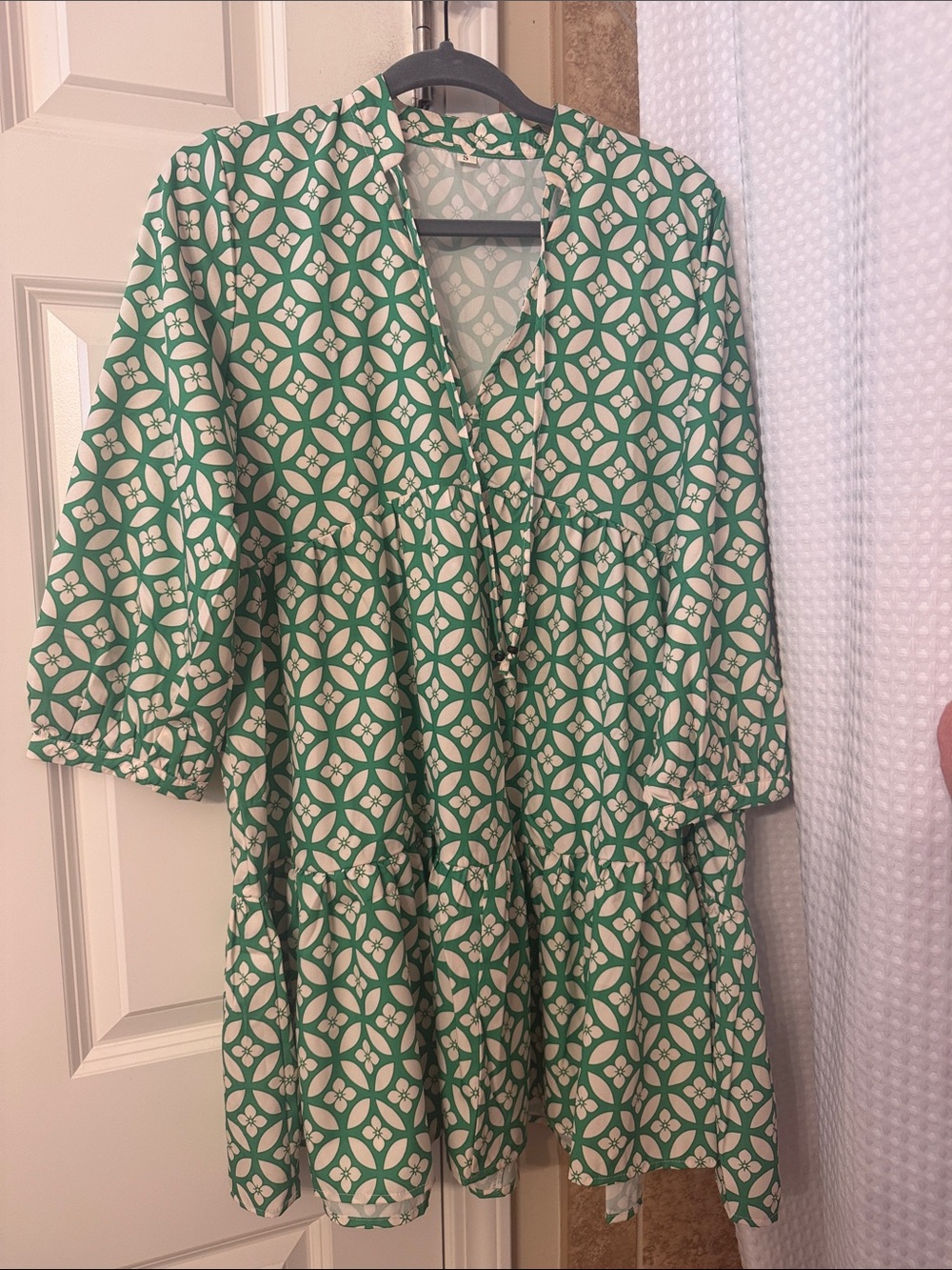 Green and Cream Geometric Tiered Women's Dress